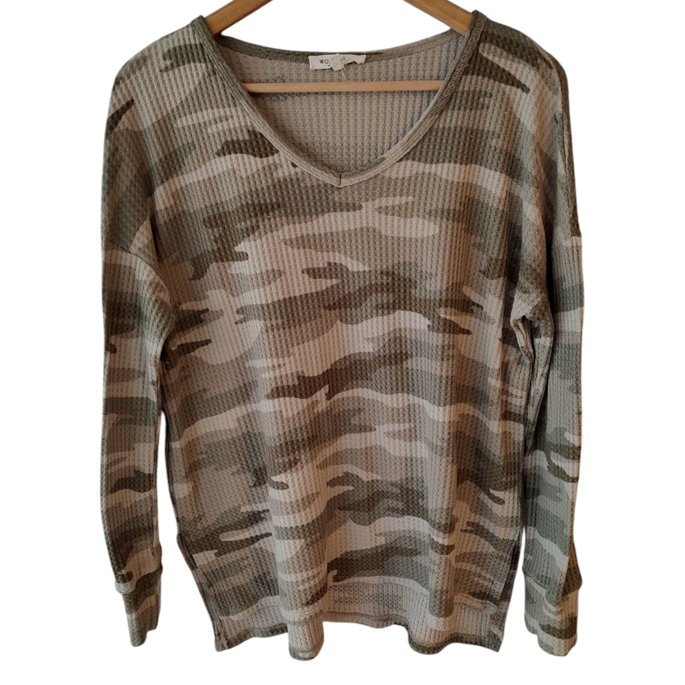 Workshop Green and Tan Camo Long Sleeve Thermal/Waffle Shirt Size Medium